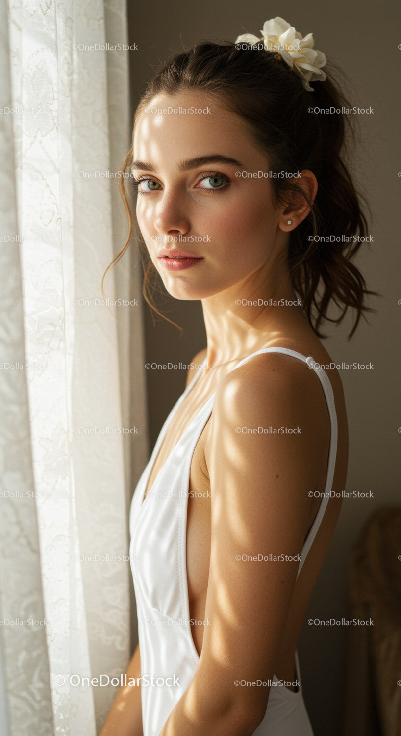 Elegant Young Woman in Satin Dress with Soft Natural Lighting