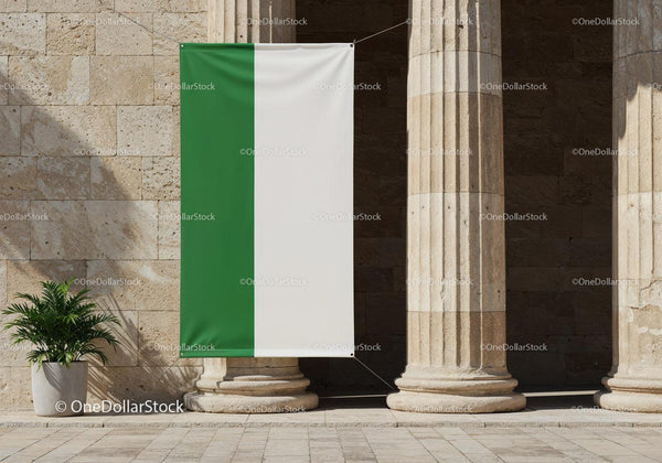 Vertical green and white flag between ancient stone pillars JPG Mockup Image