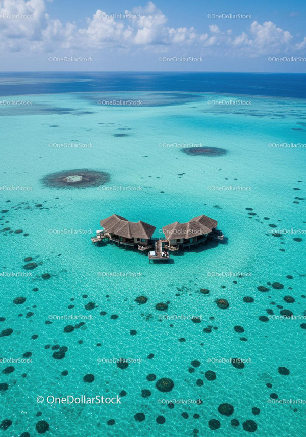 Overwater Bungalow with Turquoise Ocean and Coral Reef Under Clear Sky