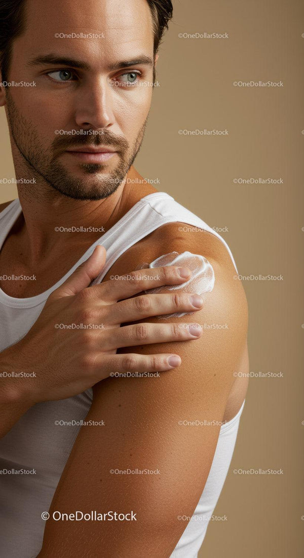 Male Man Applying Sunscreen Lotion on Shoulder for Skin Protection