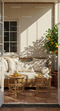 Cozy sunlit patio with wicker furniture and orange tree