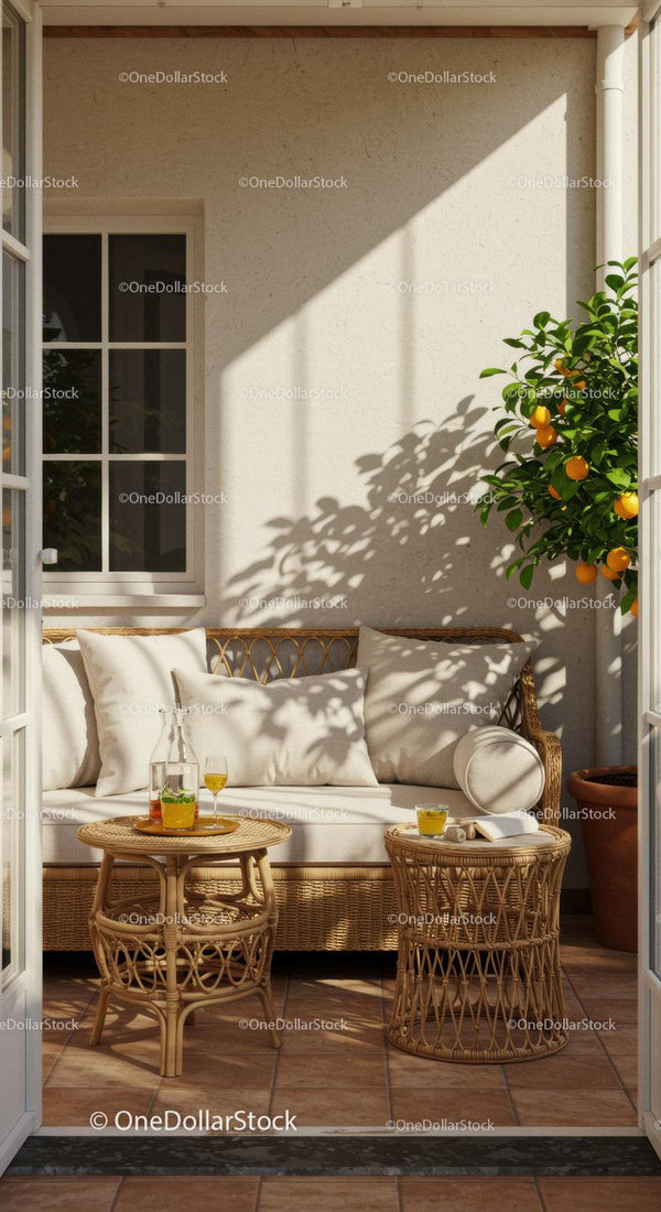 Cozy sunlit patio with wicker furniture and orange tree