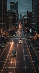Urban City Street at Twilight with Traffic and Skyscrapers