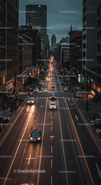 Urban City Street at Twilight with Traffic and Skyscrapers