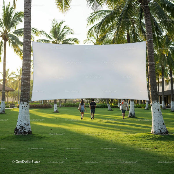 People walking toward blank outdoor movie screen in park JPG Mockup Image