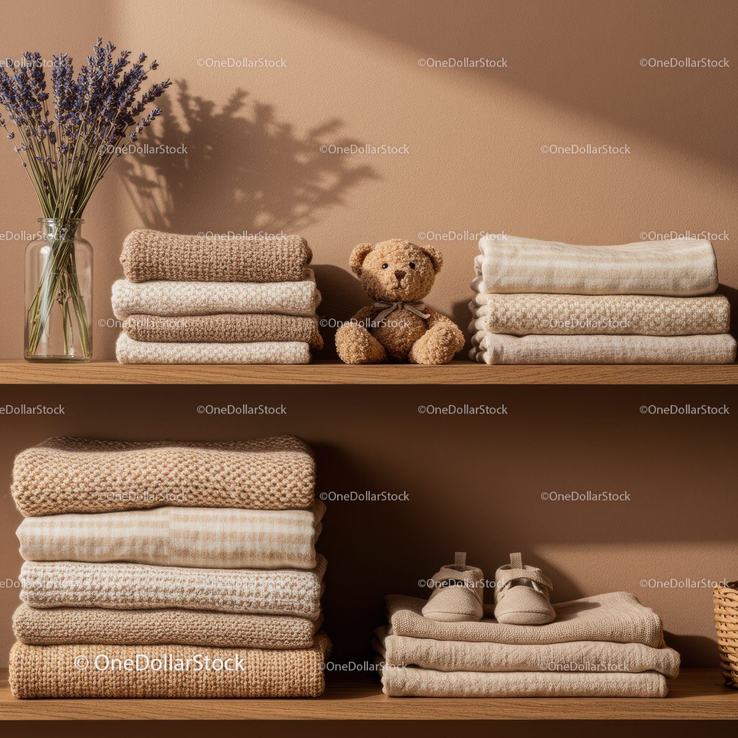 Cozy beige knits and baby shoes on wooden shelves