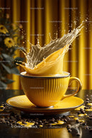 Vivid Coffee Splash in Stylish Yellow Cup with Beans and Warm Atmosphere