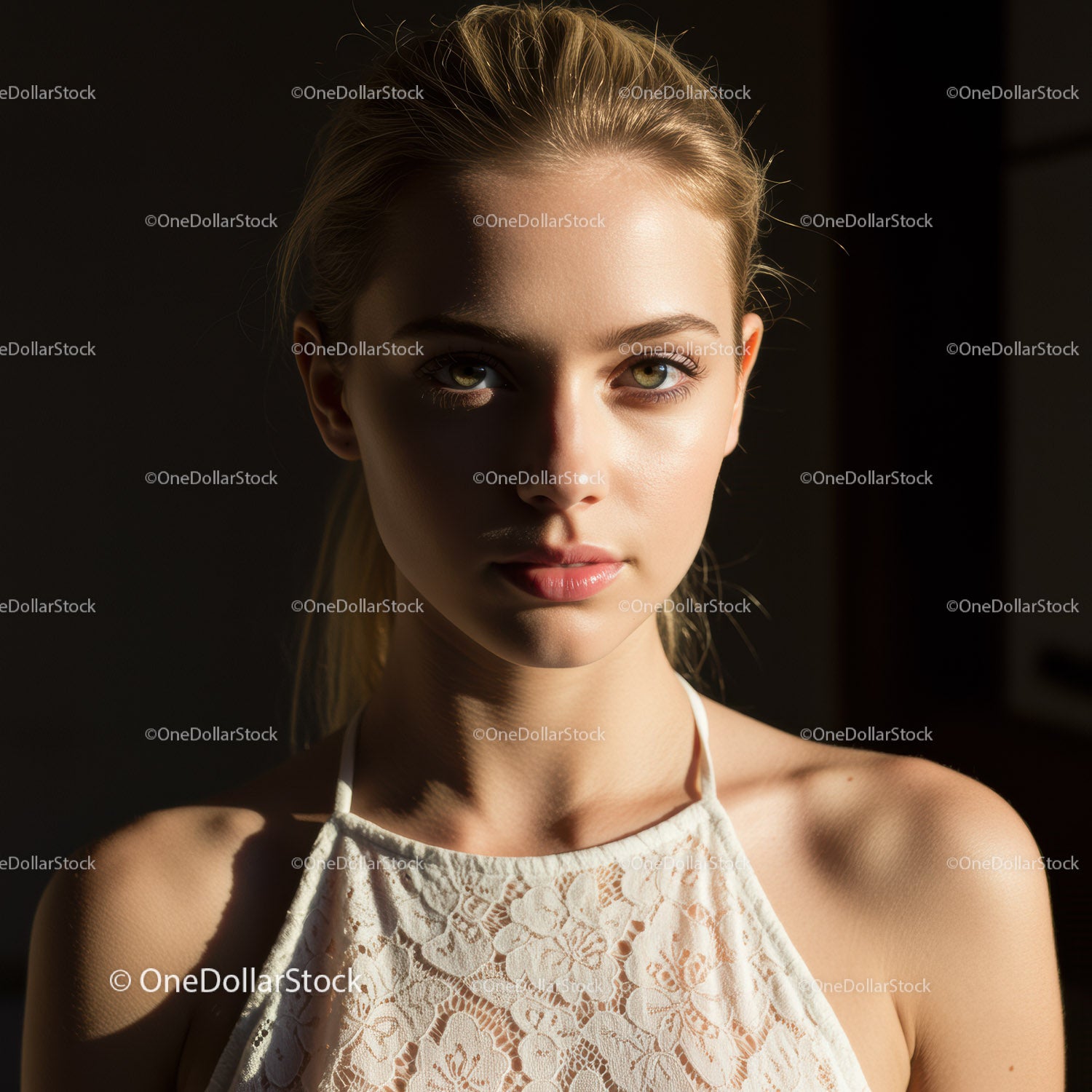 Portret młodej kobiety z blond włosami i przenikliwym wzrokiem.