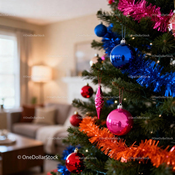 Cozy Living Room with Vibrant Decorated Christmas Tree