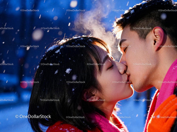 Couple sharing a tender kiss in snowy winter evening