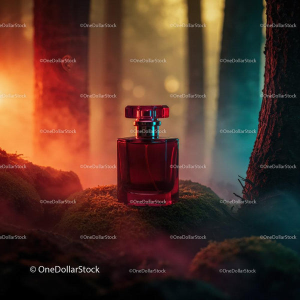 Elegant Red Perfume Bottle in Mystical Forest Scene with Sunlight JPG Mockup Image