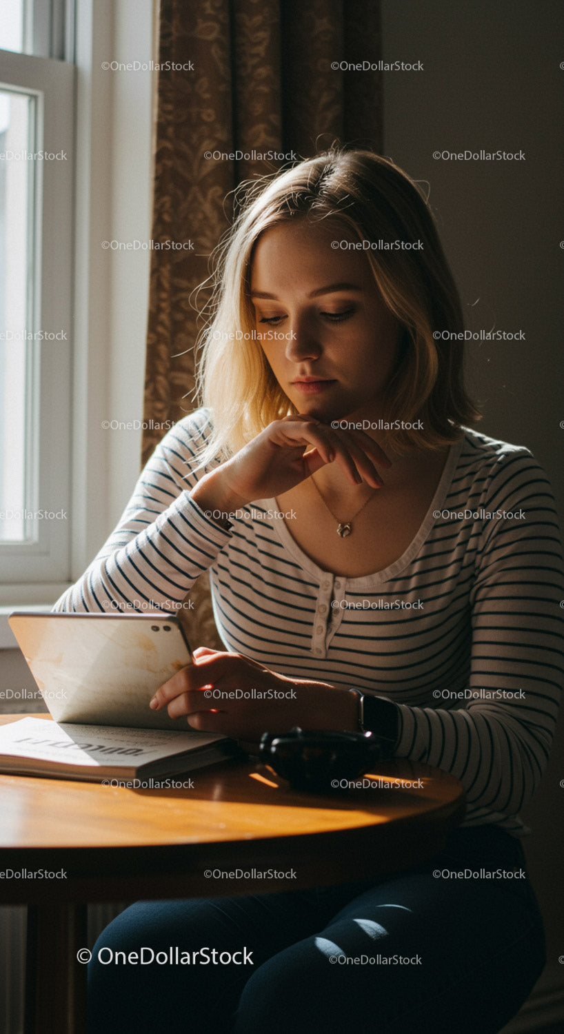 Young woman using tablet at home in natural light