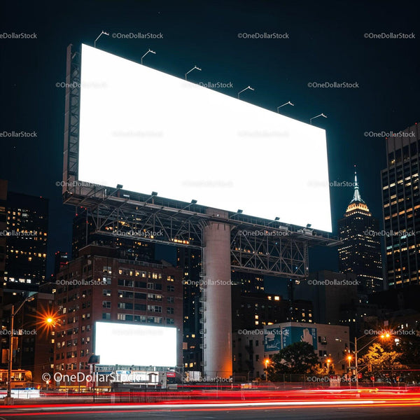 Large illuminated billboards in urban night cityscape JPG Mockup Image