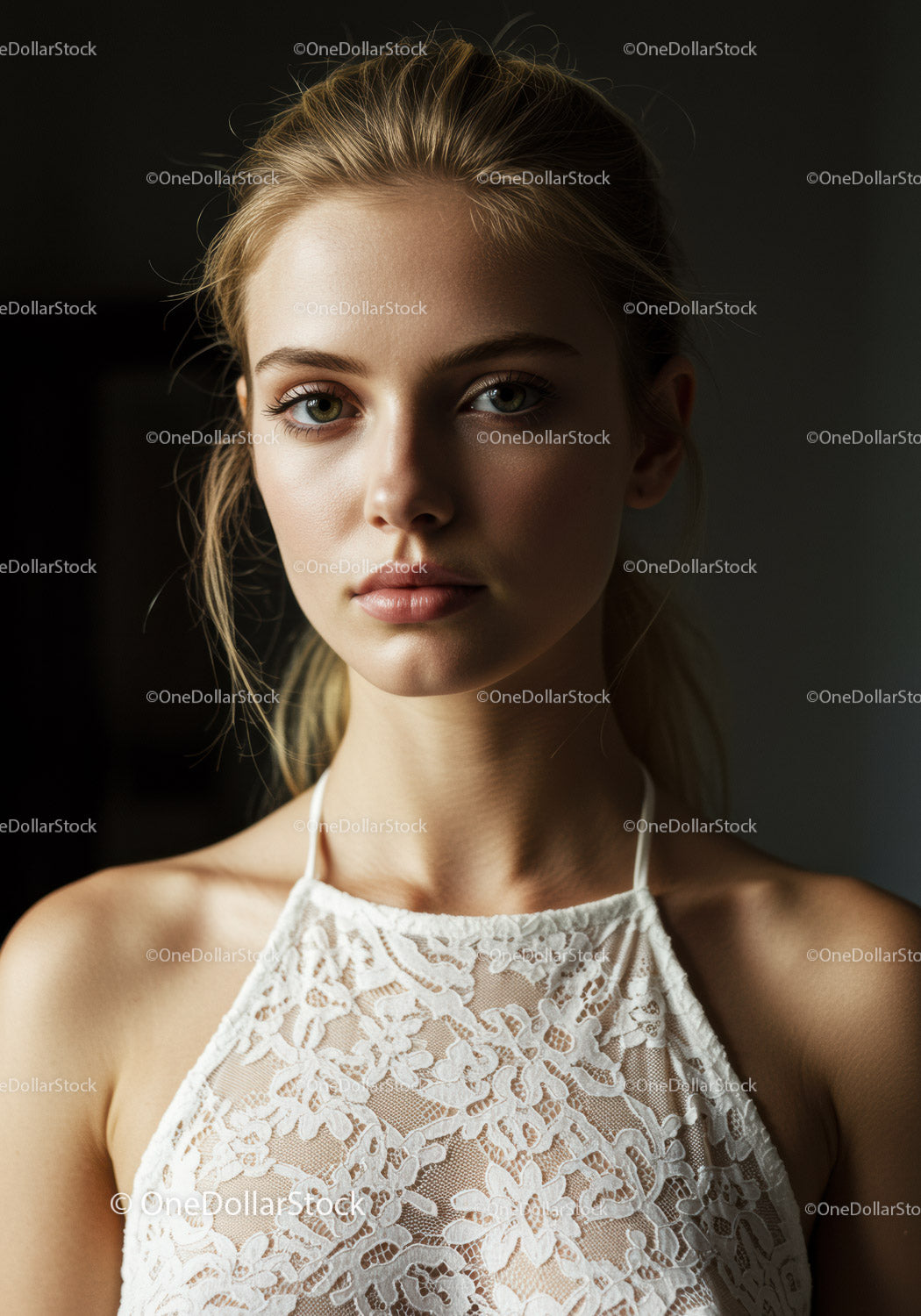 Elegant Portrait of a Young Woman with Blue Eyes Wearing Lace Dress