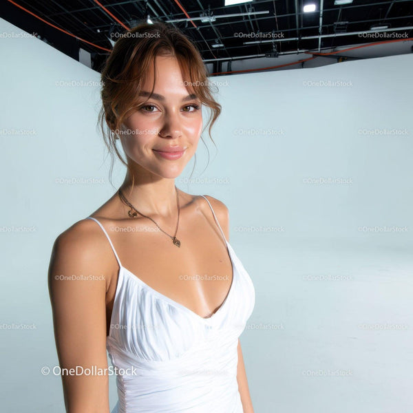 Young Woman in White Dress Smiling in Professional Studio Setting