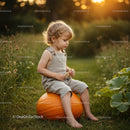 Toddler sitting on large pumpkin in golden light