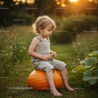 Toddler sitting on large pumpkin in golden light