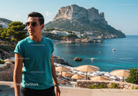 Young Man in Turquoise Shirt at Mountain Coast with Sea and Boat