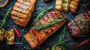 Grilled Salmon Fillets with Fresh Herbs on Black Slate Background