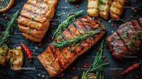 Grilled Salmon Fillets with Fresh Herbs on Black Slate Background