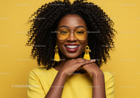 Smiling African American Woman with Curly Hair and Yellow Accessories