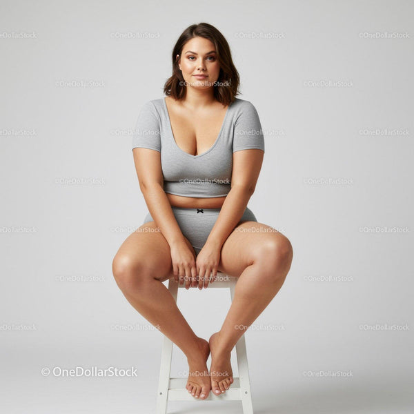 Confident Woman Sitting on Stool Wearing Casual Gray Outfit