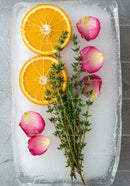 Orange Slices and Herbs Frozen in Ice with Rose Petals