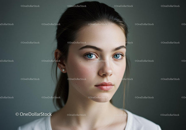 Portrait of a Young Woman with Blue Eyes and Natural Makeup