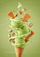 Refreshing pistachio ice cream cone with nuts and wafers