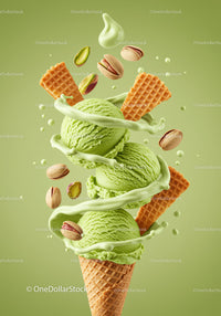 Refreshing pistachio ice cream cone with nuts and wafers