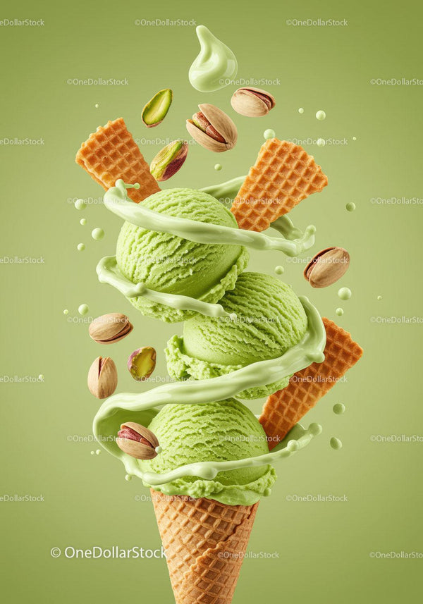 Refreshing pistachio ice cream cone with nuts and wafers