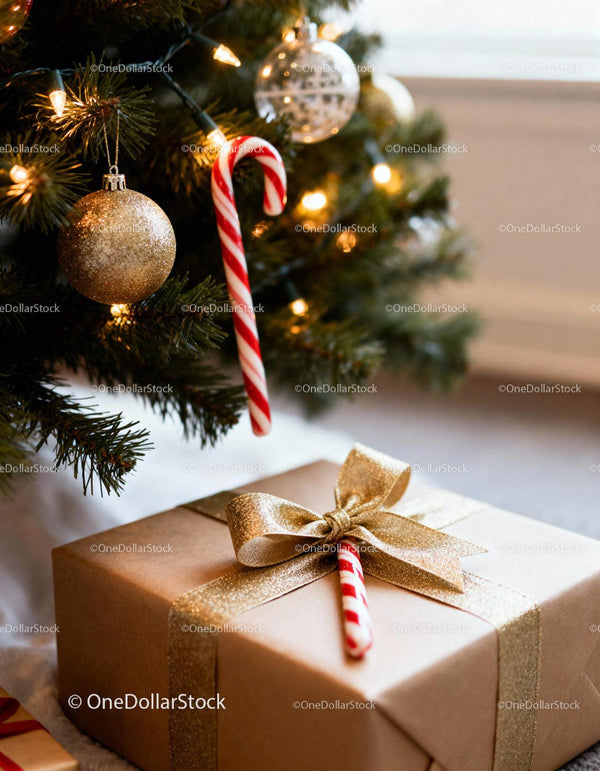 Christmas gift with candy cane under decorated tree
