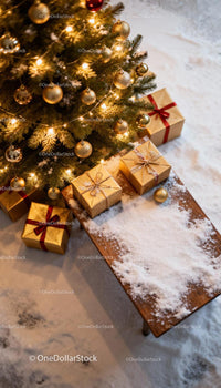 Cozy Christmas Tree with Gold Ornaments and Snowy Gifts