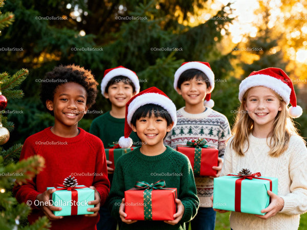 Smiling children in festive sweaters holding Christmas gifts