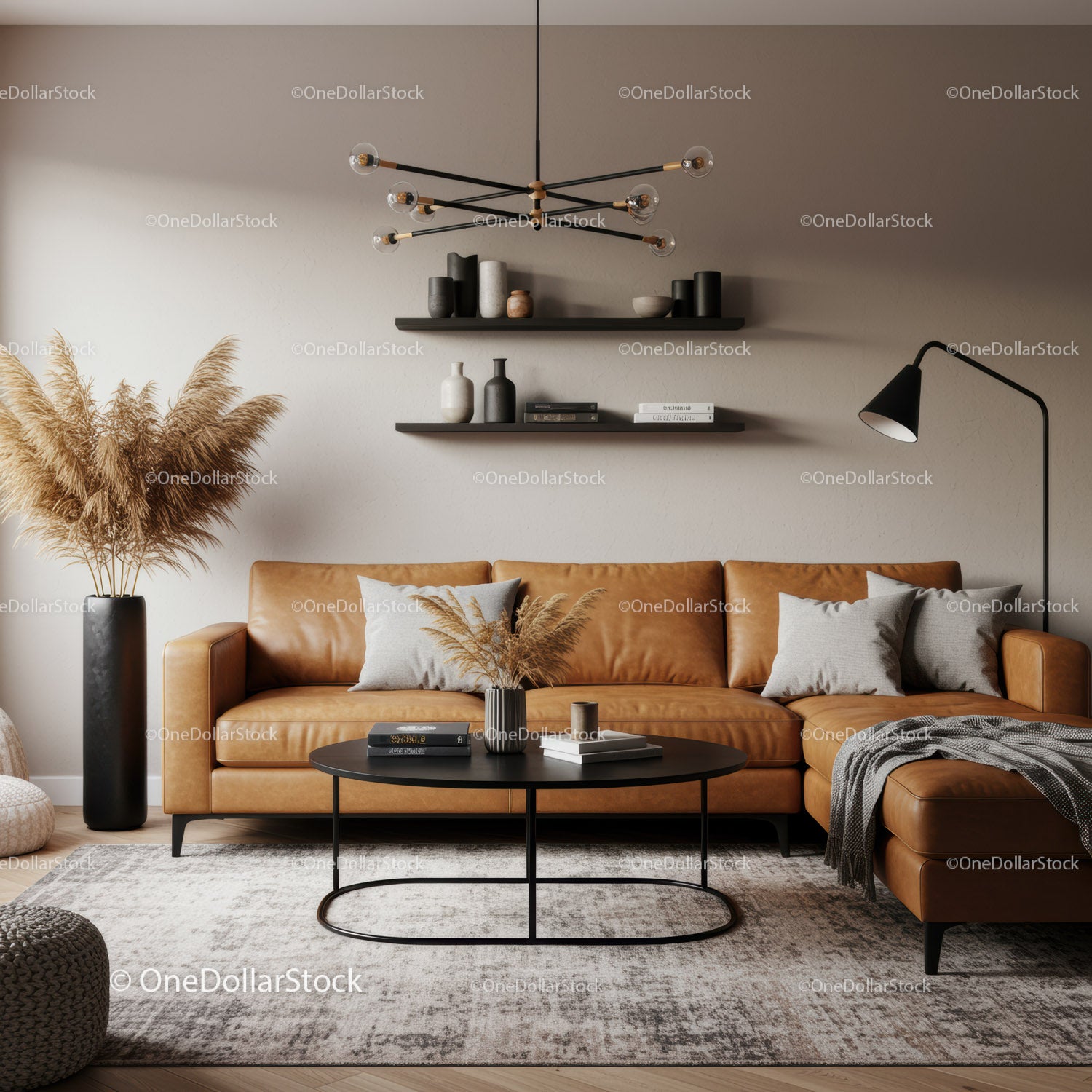 Przytulny, nowoczesny salon ze skórzaną sofą modułową