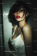 Elegant Woman with Red Lips in Stylish Evening Dress