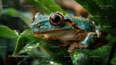 Colorful Jungle Frog Resting on Lush Green Leaves in Rainforest