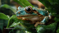 Colorful Jungle Frog Resting on Lush Green Leaves in Rainforest