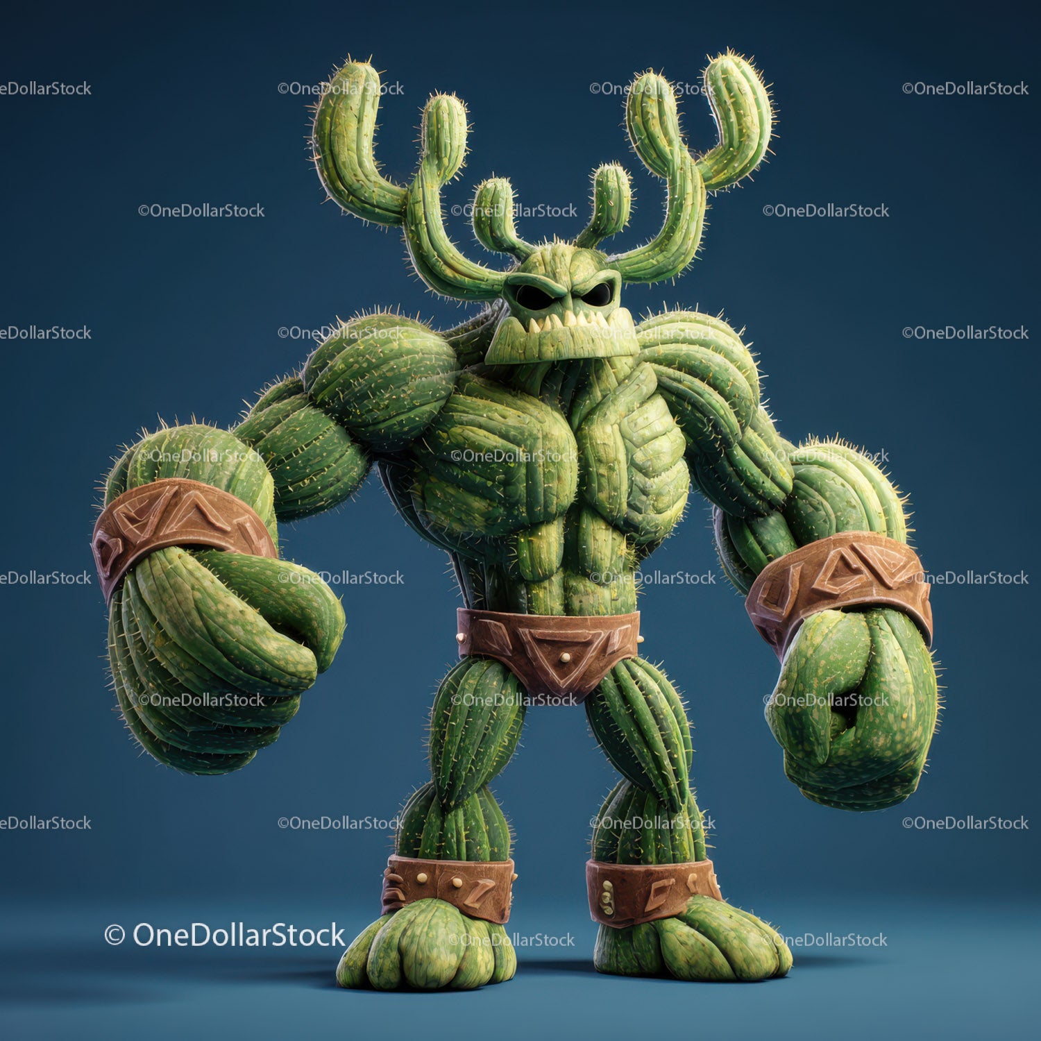 Vibrant Green Anthropomorphic Cactus Character with Muscular Build