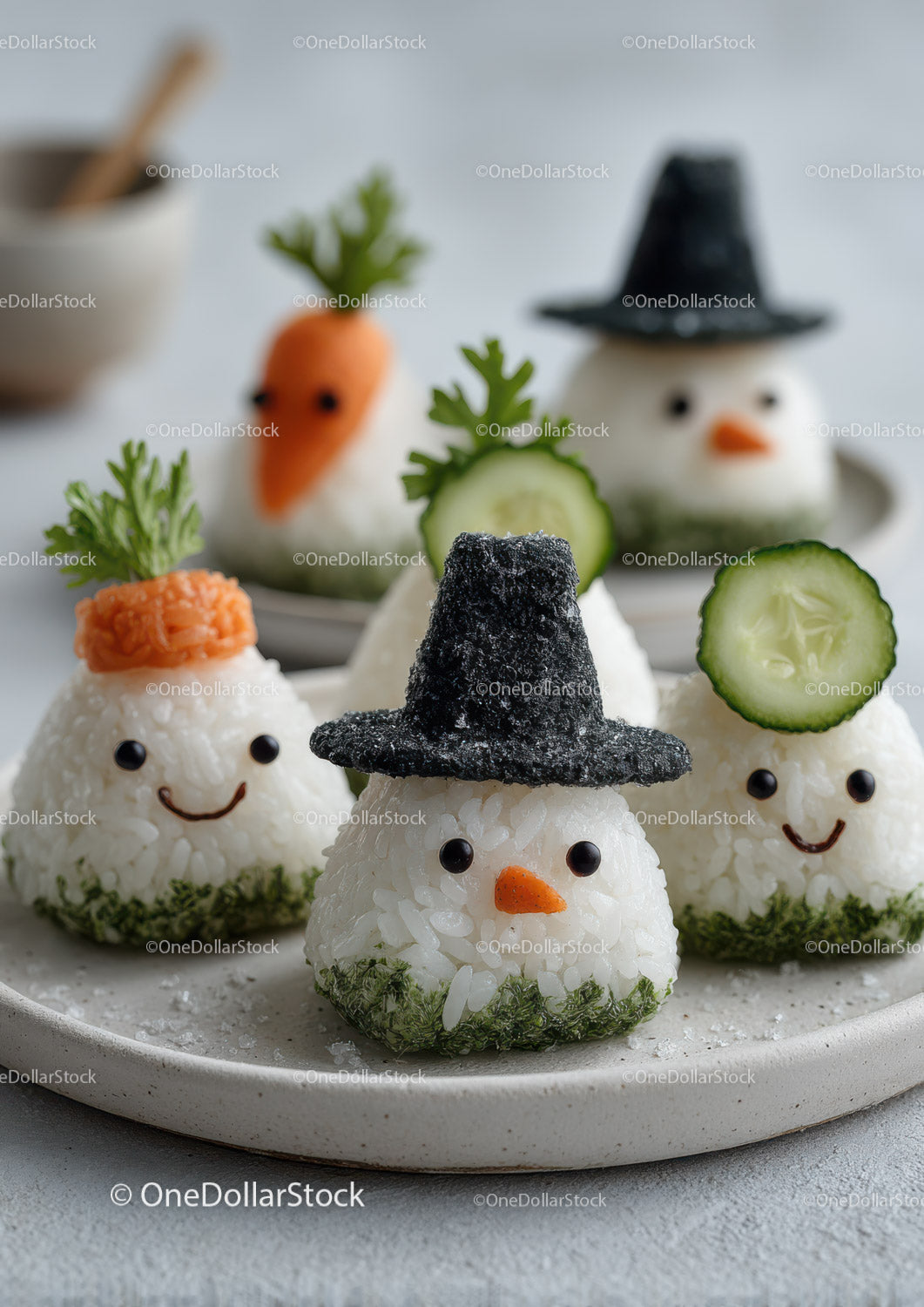 Cute Halloween Snowmen and Creatures Made from Rice and Vegetables