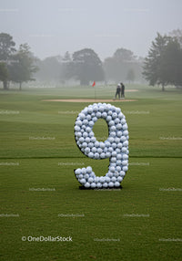 Number nine made of golf balls on green golf course