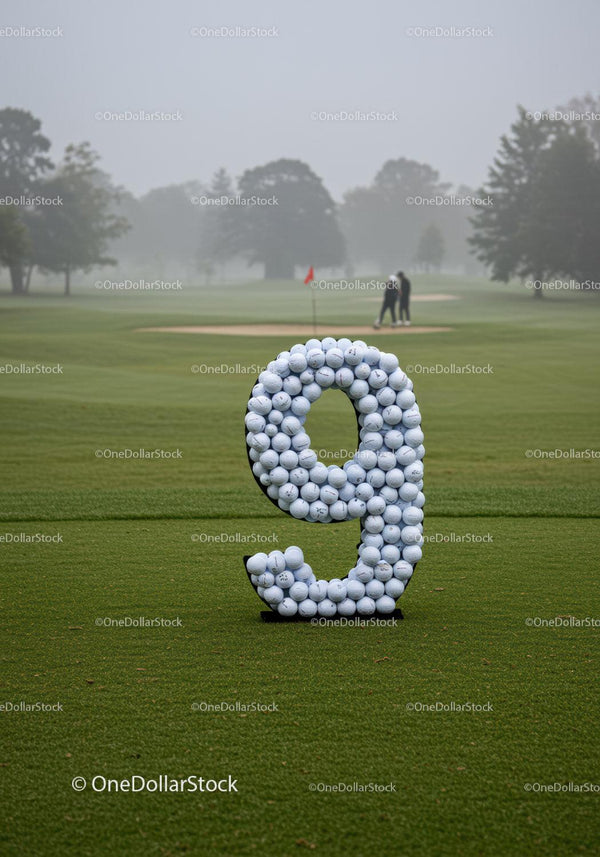Number nine made of golf balls on green golf course