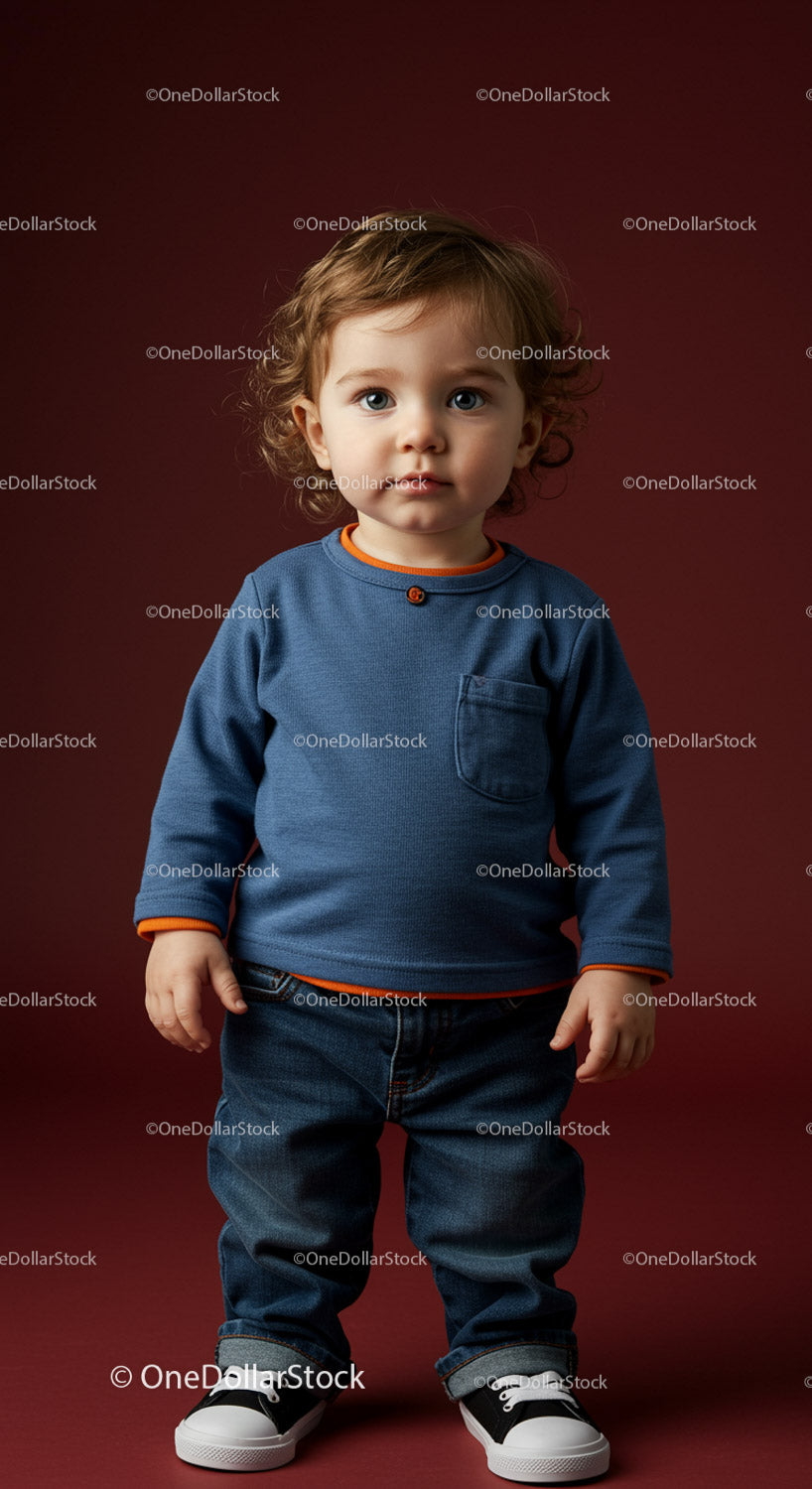 Adorable toddler boy standing in casual clothing