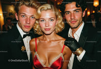 Elegant Glamorous Woman in Red Lingerie with Stylish Men at Night Party