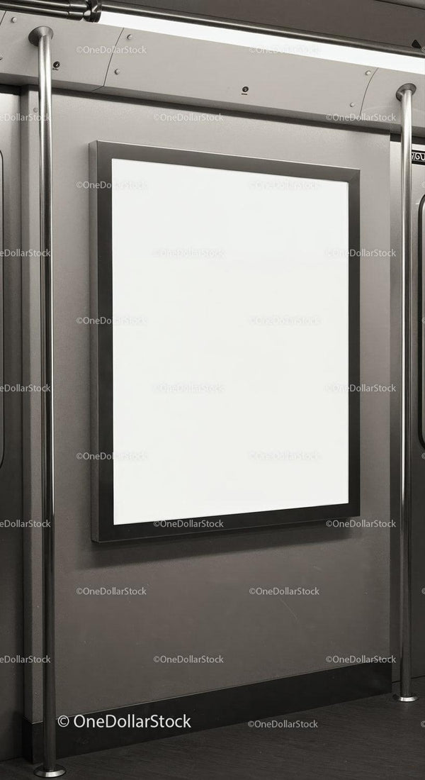 Blank advertising poster inside modern subway train JPG Mockup Image