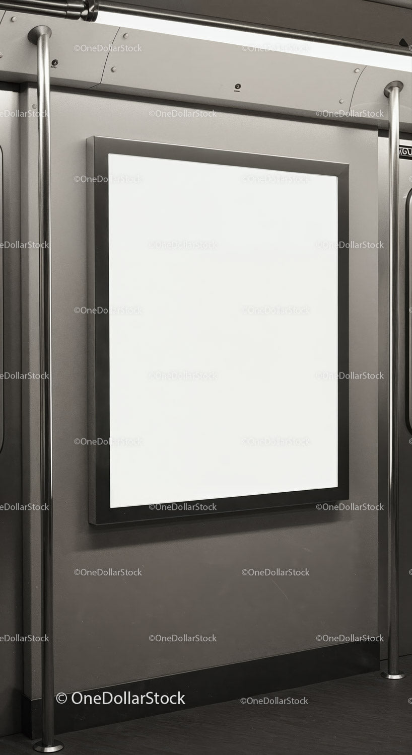 Blank advertising poster inside modern subway train