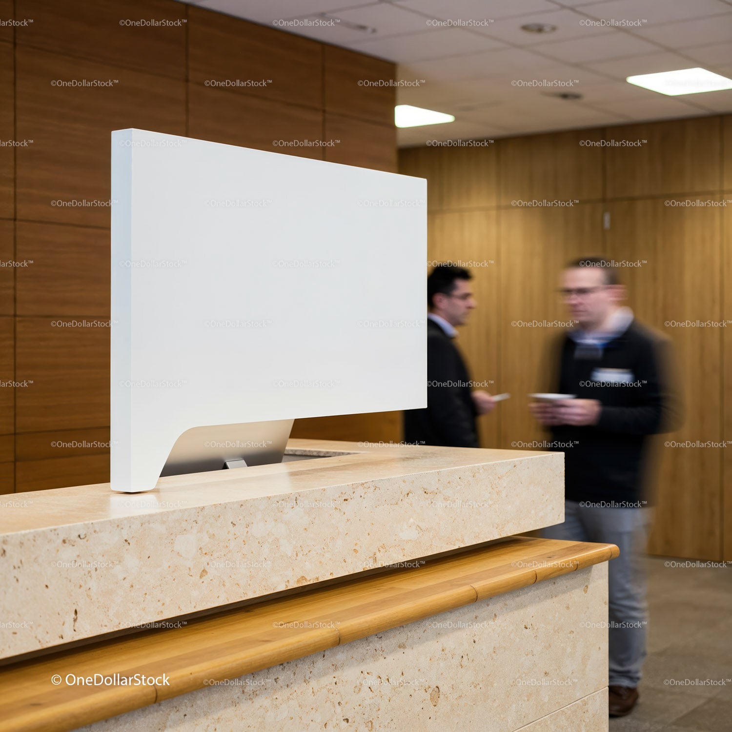 Modern office reception with blurred people chatting