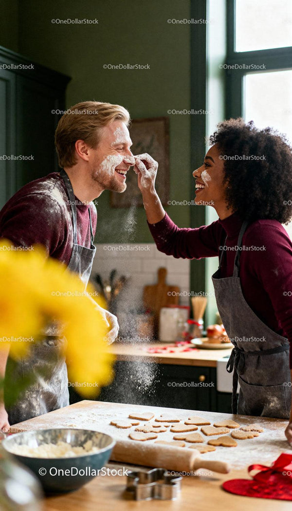 Couple Playfully Baking Heart Cookies in Cozy Kitchen