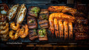 Seafood Grill Platter with Shrimp and Fish Fillets on Barbecue