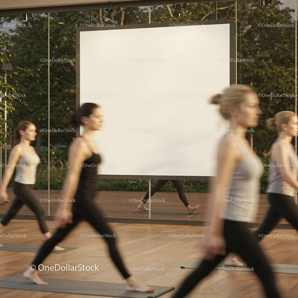 Group of women practicing yoga indoors near mirror JPG Mockup Image